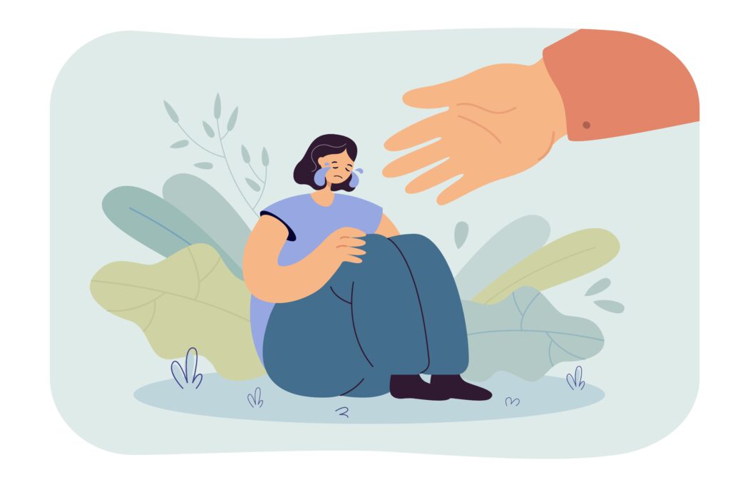 #Paratodoslerem: Uma moça sentada, usando blusa azul claro e calça azul escuro, com lágrimas nos olhos sobre um ambiente com plantas e uma mão estendida oferendo ajuda para ela.